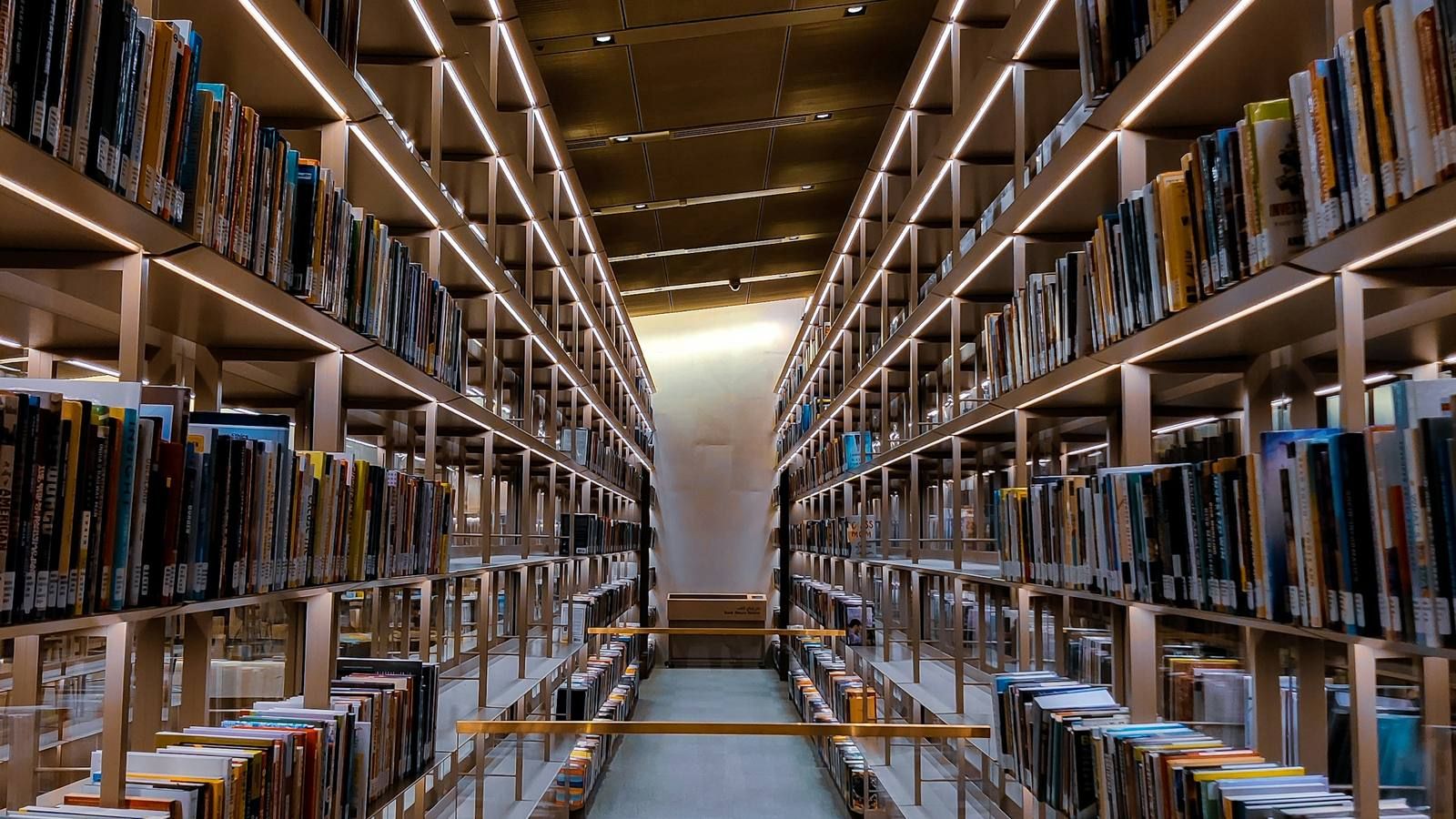 Symmetrical library aisle lit by strips of light